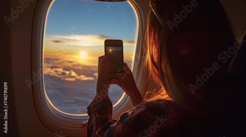 A woman captures the scenic view from her window seat on a flight using her phone's camera, while enjoying the in-flight internet.