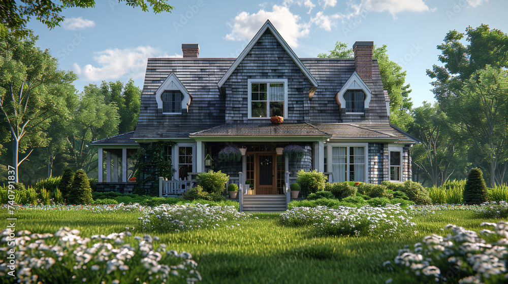 A classic Cape Cod-style home with shingles and a well-manicured front yard, 