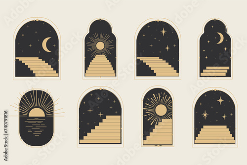 Set arch window line frame celestial, mystic with staircase, astrology symbols moon and sun, line border, minimal tattoo isolated. Esoteric spiritual icon.