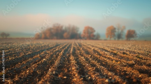 Selective blur on furrows on a Agricultural landscape near a farm, a plowed field in the countryside of Titelski, Serbia, photo