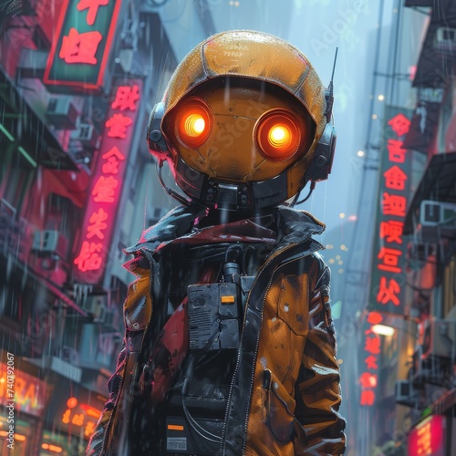 Robot detective in a neon lit city solving cyber mysteries under the rain soaked streets