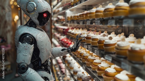 Robot pastry chef in a patisserie decorating cakes with intricate icing designs