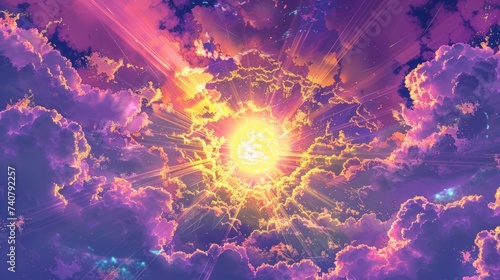 Sun heaven God yellow amazing beautiful shining with sunrise behind super nova light awesome clouds on warm bright day nature purple violet sunray sunbeam full color.