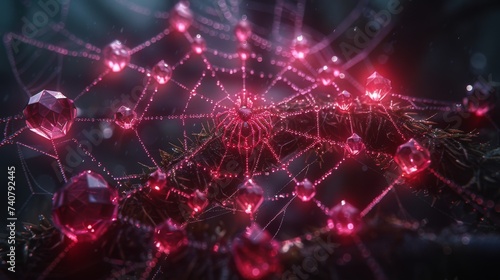 Ruby crystals backlighting a spiders intricate web each thread glistening in the red light turning the web into a jeweled masterpiece