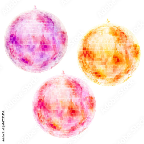Colorful disco ball watercolor illustration.