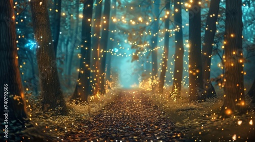 Enchanted forest path with twinkling lights, perfect for magical or fantasy themes.