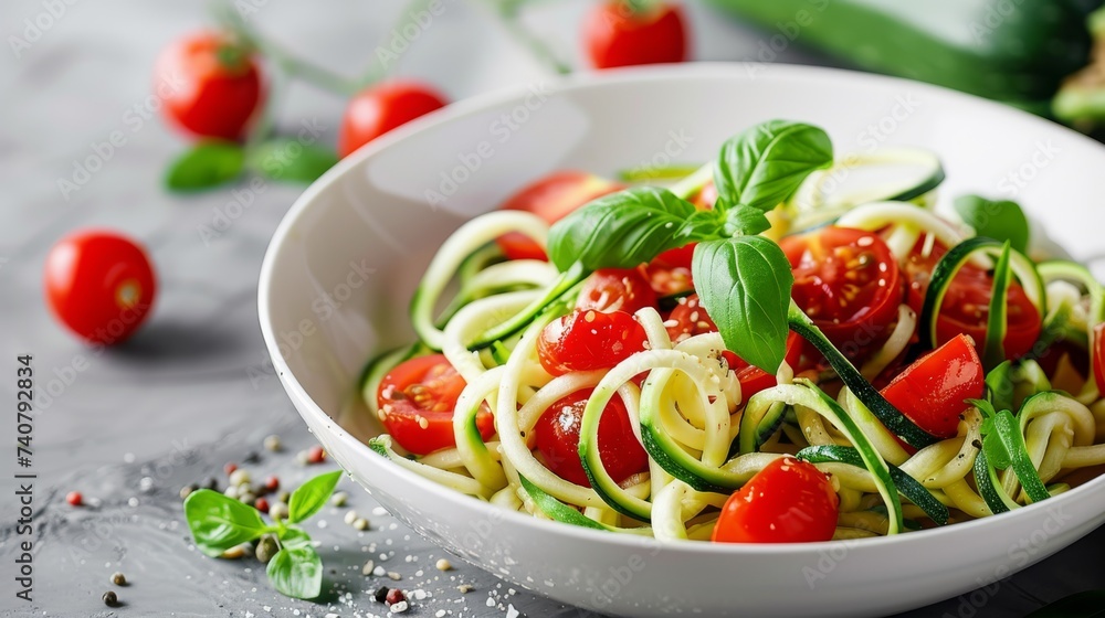 Fresh zucchini noodle salad with tomatoes and basil in a white bowl, suitable for healthy eating and vegetarian recipes. Fresh zucchini noodle salad with tomatoes and basil in a white bowl, suitable for healthy eating and vegetarian recipes.