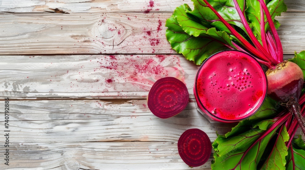 Vibrant beetroot juice in a glass, with fresh beet slices on a wooden surface, for a health-conscious diet, copy space Vibrant beetroot juice in a glass, with fresh beet slices on a wooden surface, for a health-conscious diet, copy space