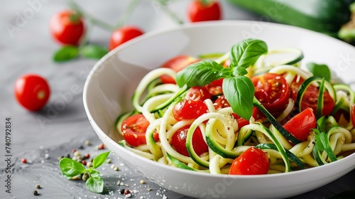 Fresh zucchini noodle salad with tomatoes and basil in a white bowl, suitable for healthy eating and vegetarian recipes.