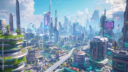 Futuristic cityscape with lush greenery and advanced architecture, depicting urban development and eco-friendly living.