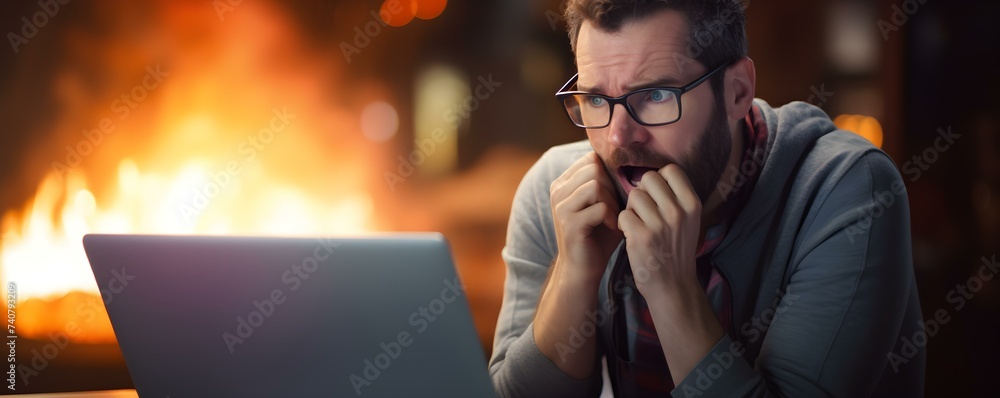 Stressed man in glasses reacts to technical glitch on laptop screen. Concept Technology Frustration, Technical Difficulties, Stressed Expression, Man in Glasses, Laptop Glitch - obrazy, fototapety, plakaty 