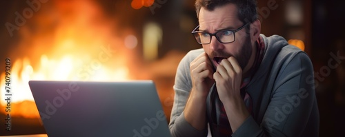 Stressed man in glasses reacts to technical glitch on laptop screen. Concept Technology Frustration, Technical Difficulties, Stressed Expression, Man in Glasses, Laptop Glitch photo