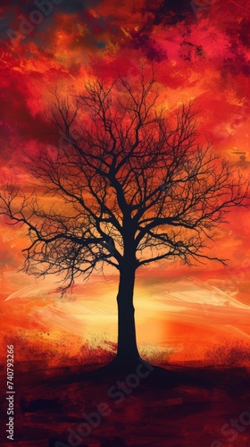 A Painting of a Tree With a Red Sky in the Background