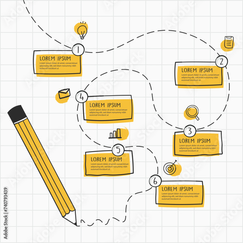 Infographic hand drawn professional steps With Pencil Yellow Color. Vector illustration.