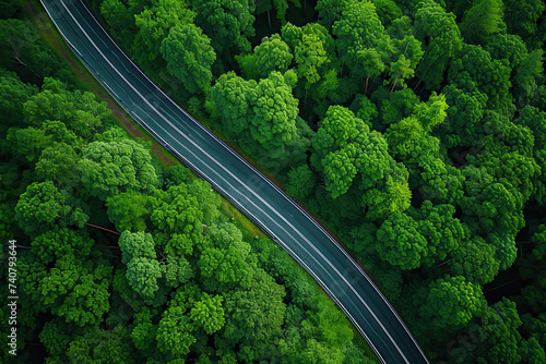 drone view of a highway through a green forest. road going through green forest adventure