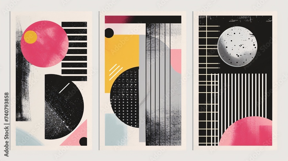 Obraz premium Sleek, cutting-edge posters featuring geometric designs and abstract compositions, influenced by brutalism and presented in monochromatic tones.