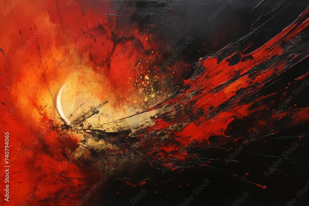 Dynamic abstract painting with explosive red and black hues evoking cosmic energy. - obrazy, fototapety, plakaty 