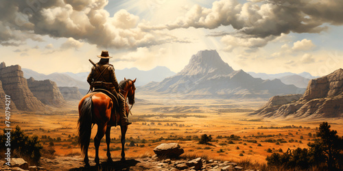 Illustration of a cowboy galloping on horseback at a rodeo on a background of mountains, river, sun and nature for your design. photo