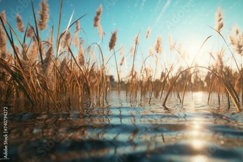 Golden hour sun casting a warm glow over tranquil waters surrounded by reeds.