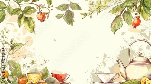 background with illustrations of tea leaves, teapots, and tea cups. The text space