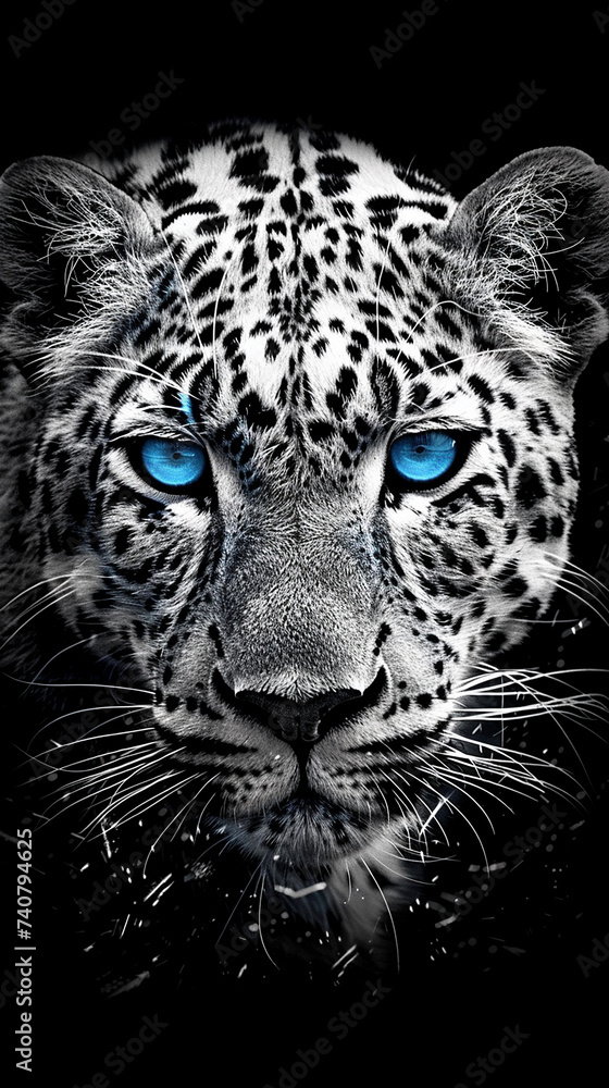 Close Up de um leopardo branco com olhos azuis, fundo preto, design de camiseta
Close Up de um leopardo branco com olhos azuis, fundo preto, design de camiseta