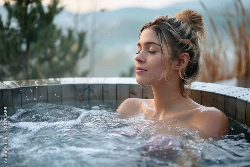 Obraz premium A young woman blissfully relaxes in an outdoor hot tub, her serene face reflecting in the tranquil pool of water as she indulges in a luxurious bathing experience