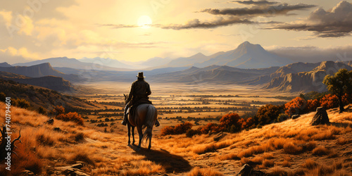 Relaxed cowboy riding his horse Illustration of a cowboy galloping on horseback at a rodeo on a background of mountains  river  sunlight and nature for your design.