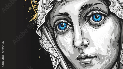 
Close Up de um Nossa senhora aparecida  branco com olhos azuis, fundo preto, design de camiseta photo