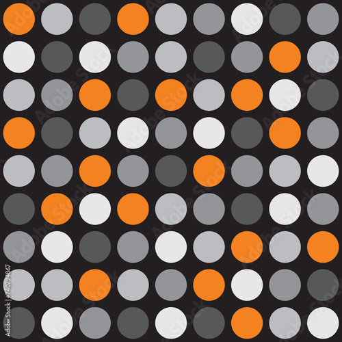Tile vector pattern with grey, white and orange polka dots on grey background