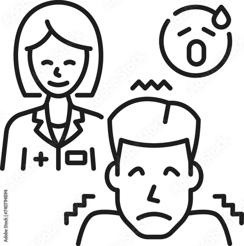 Human iatrophobia phobia icon, mental health. Mental disorder, fear of doctor and medical tests line vector pictogram. People psychology problem or phobia symbol with frightened man and doctor