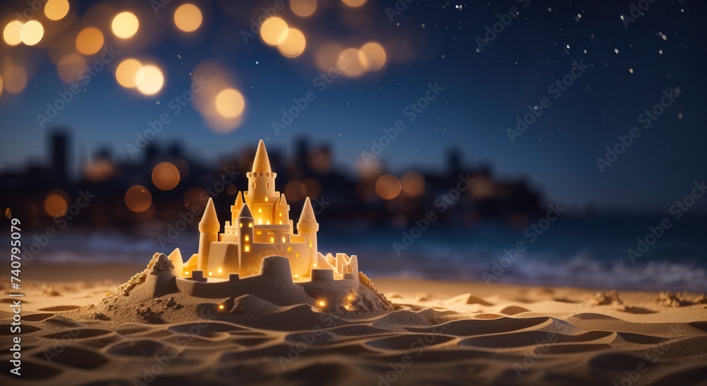A night sand castle sitting on top of a sandy beach - obrazy, fototapety, plakaty 
