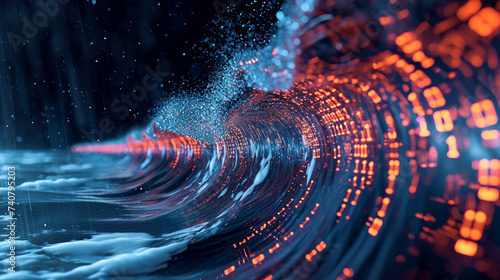Digital tsunami wave coming, represent abstract concept as AI is growing and coming to human with big attack.