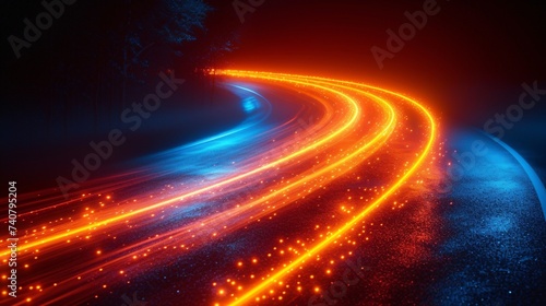 Highway illumination. Bend slash path row. Speedy vehicle. Lengthy amber and crimson route impact. Radiant pavement display. Hazy movement. Shimmering stream. Contemporary energetic black backdrop.