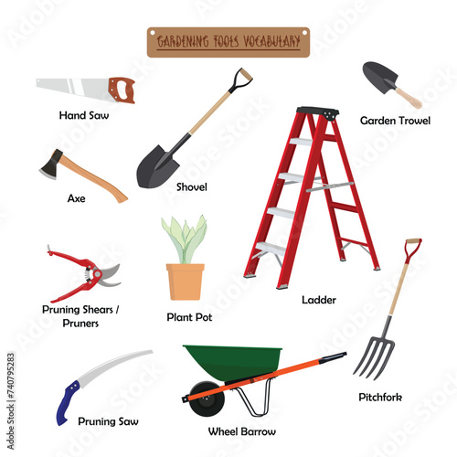 Set of gardening tools flat vector isolated on white background. Elements for garden, gardening concept. Work tools.