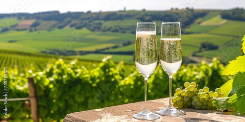 Sampling exquisite first growth effervescent white wine with bubbles, champagne overlooking verdant pinot noir meunier vineyards in France. photo