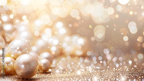 Beautiful group of shiny pearls on soft background with sparkles and light beams with copy space. White pearls whit gold in motion background. Pile of pearls on the shiny background