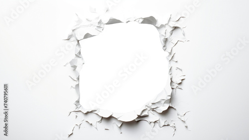 Torn paper with transparent hole. White crumpled paper with transparent hole