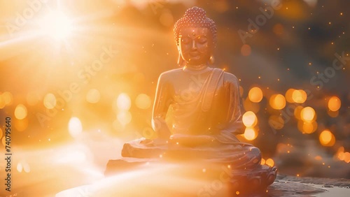 Buddha meditating among lotus flowers on water. Sparkling lights calm meditation landscape. Sparkling lights. Buddhism,buddhist monk statue religious video 4k beauty photo