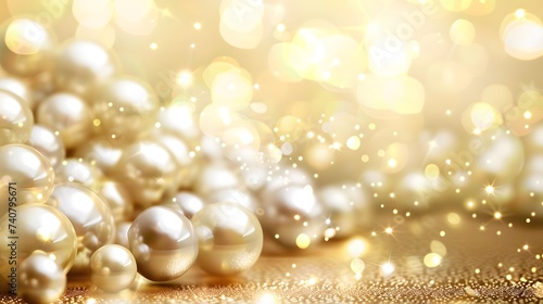 Beautiful group of shiny pearls on soft background with sparkles and light beams with copy space. White pearls whit gold in motion background. Pile of pearls on the shiny background