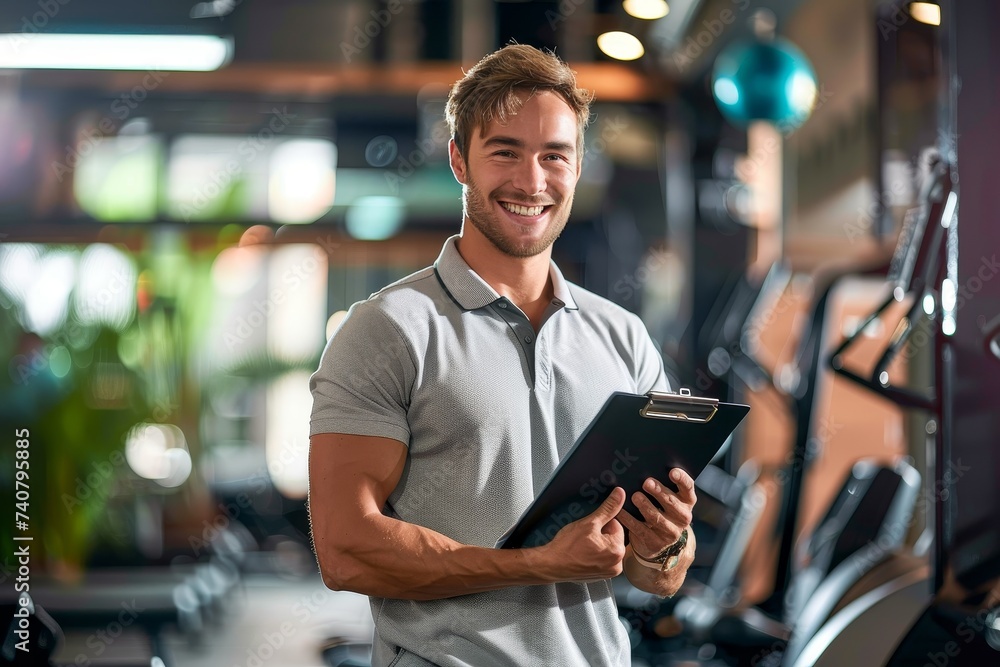 Fototapeta premium A determined man dressed in athletic clothing stands outside a modern gym, clipboard in hand, ready to tackle the array of exercise equipment inside