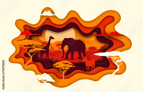 Africa paper cut landscape with animals and savannah trees at sunset. Vector silhouettes of safari elephant, giraffes, rhino and zebra, savanna plants and grass in 3d origami frame of red wavy layers
