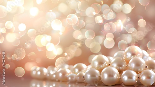 Beautiful group of shiny pearls on soft background with sparkles and light beams with copy space. White pearls whit gold in motion background. Pile of pearls on the shiny background