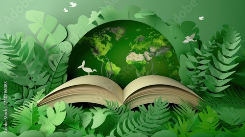 Open book with green world made in paper style, Green world in cute style