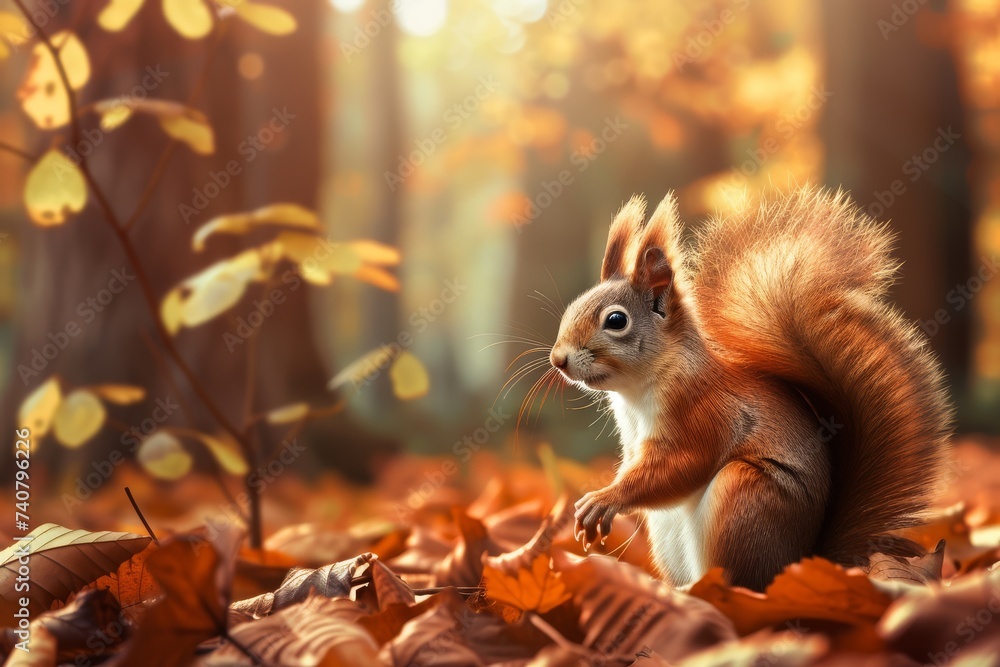 Squirrel in a forest with autumn leaves, bathed in soft golden sunlight. Squirrel in a forest with autumn leaves, bathed in soft golden sunlight.