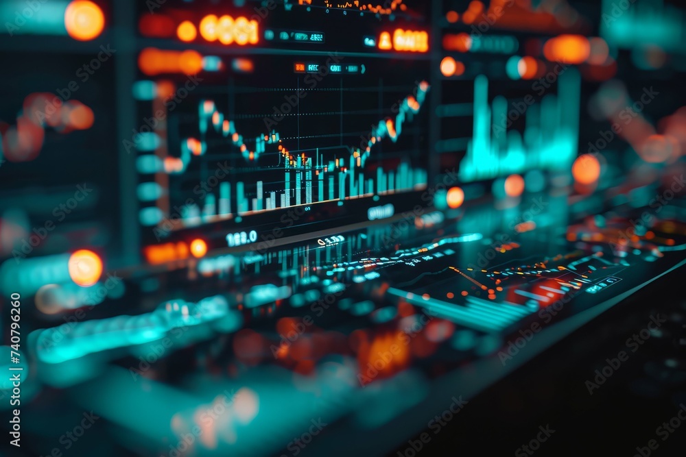 Dynamic stock market graph with glowing neon lines on a computer monitor. Dynamic stock market graph with glowing neon lines on a computer monitor.