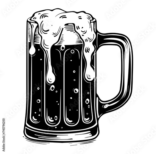 Beer in glass mug with foam. Hand drawn illustration