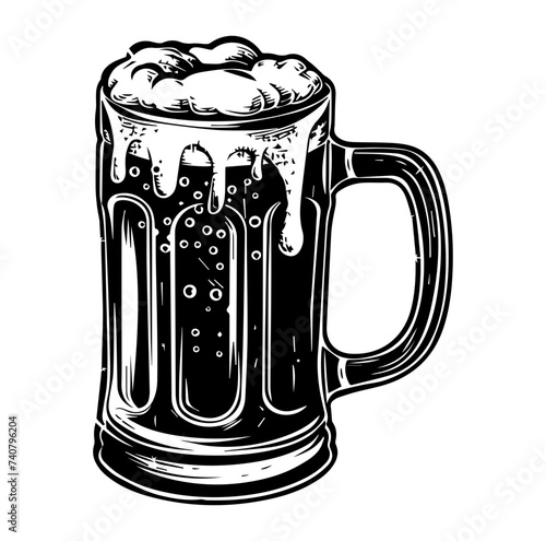 Beer in glass mug with foam. Hand drawn illustration
