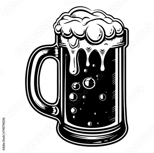 Beer in glass mug with foam. Hand drawn illustration