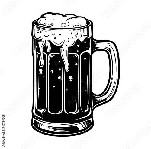 Beer in glass mug with foam. Hand drawn illustration