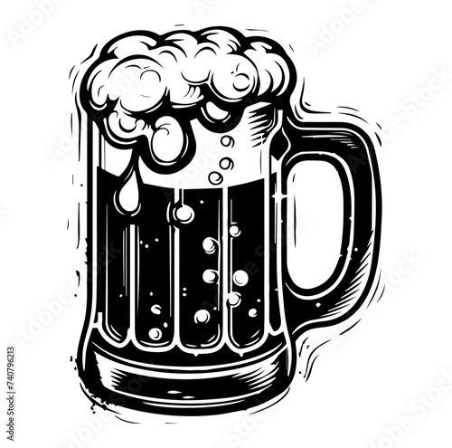 Beer in glass mug with foam. Hand drawn illustration